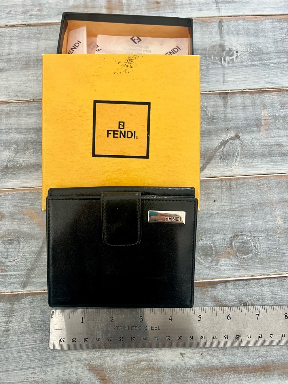 Vintage FENDI Black Leather Bifold Wallet with Silver-Tone Logo — Original Box